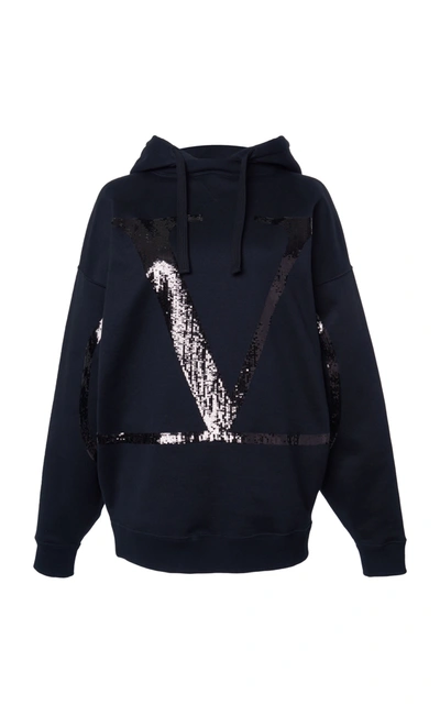 Shop Valentino Oversized Logo-sequined Cotton-blend Hoodie In Black