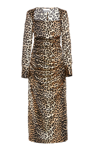 Shop Ganni Leopard-print Silk Satin Midi Dress In Animal