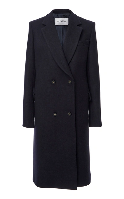 Shop Valentino Logo-detailed Double-breasted Wool Melton Coat In Navy