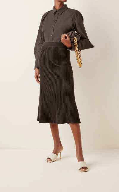 Shop Bottega Veneta Ribbed-knit Wool Midi Skirt In Brown