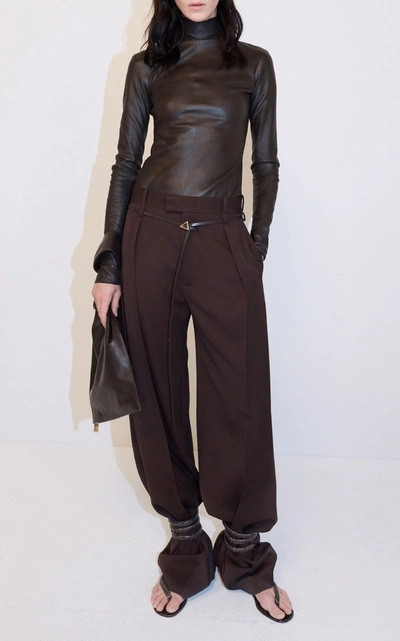 Shop Bottega Veneta Women's Mid-rise Wool Pleated Wide-leg Trouser In Brown