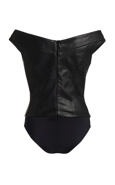 Shop Zeynep Arcay Off-the-shoulder Leather Bodysuit In Black