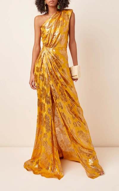 Shop Monique Lhuillier Metallic Jacquard One-shoulder Gown In Gold