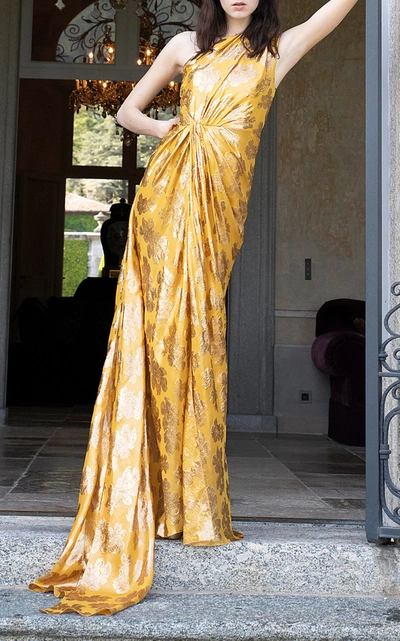 Shop Monique Lhuillier Metallic Jacquard One-shoulder Gown In Gold