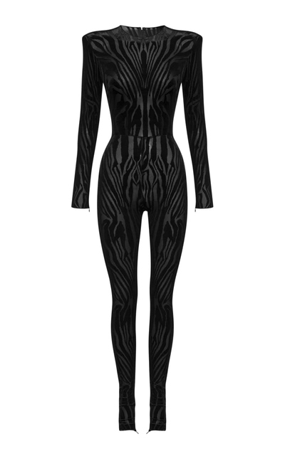 Shop Alex Perry Leighton Zebra-print Jersey Jumpsuit In Black