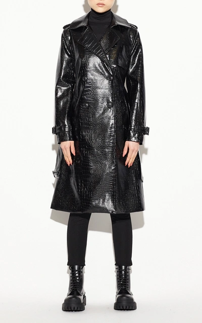 Shop Apparis Danny Croc-effect Faux Leather Trench Coat In Black