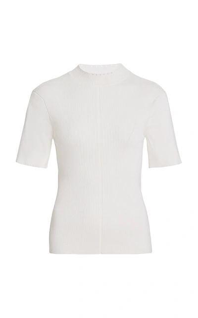Shop Oscar De La Renta Women's Ribbed Stretch-silk Top In White,dark Green