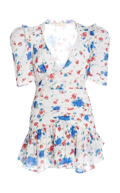 Shop Loveshackfancy Women's Arlo Ruched Floral-print Cotton-voile Mini Dress In Blue