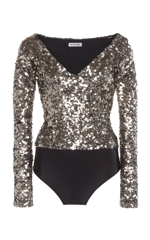 Balenciaga Sequined Jersey Off-the-shoulder Bodysuit In Silver | ModeSens