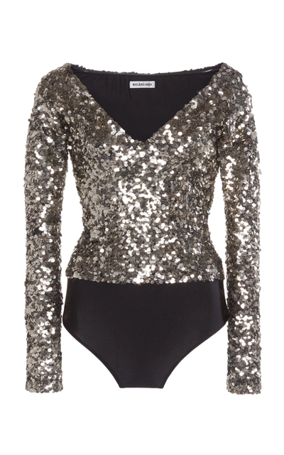 Shop Balenciaga Sequined Jersey Off-the-shoulder Bodysuit In Silver