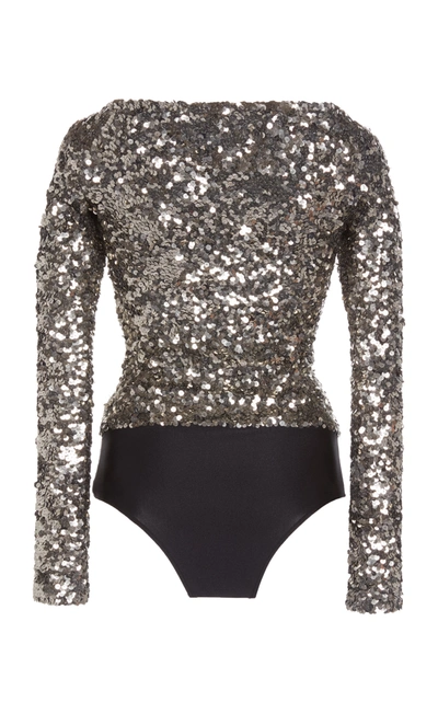 Shop Balenciaga Sequined Jersey Off-the-shoulder Bodysuit In Silver