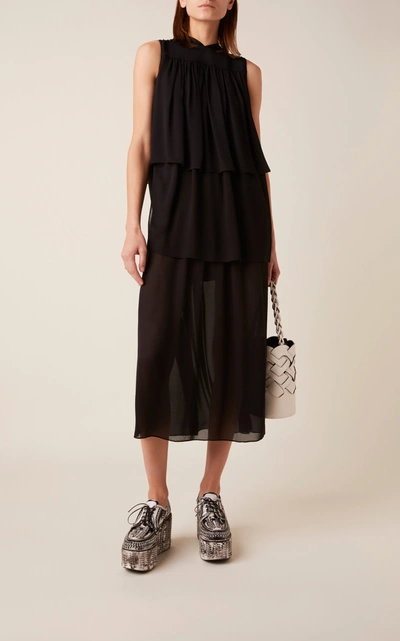 Shop Prada Tiered Crepe Midi Dress In Black