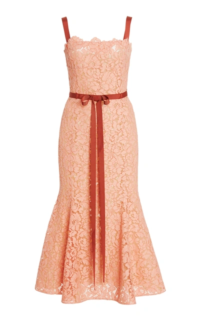 Shop Oscar De La Renta Lace Midi Dress In Pink