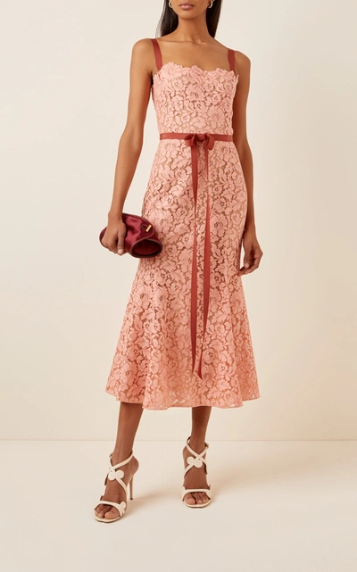 Shop Oscar De La Renta Lace Midi Dress In Pink