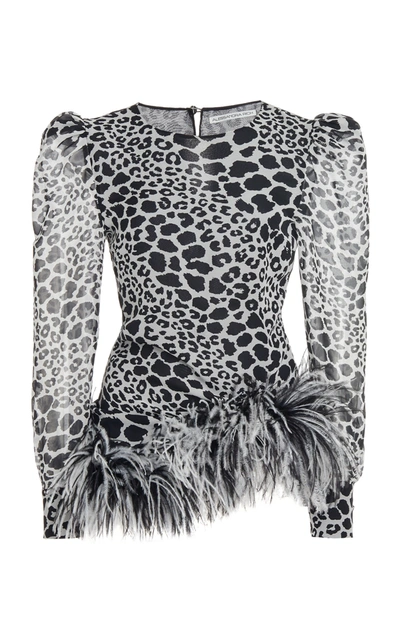 Shop Alessandra Rich Leo Print Silk Long Sleeves Top With Feather Trim In Animal