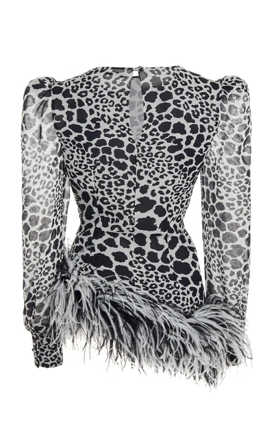 Shop Alessandra Rich Leo Print Silk Long Sleeves Top With Feather Trim In Animal