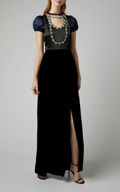 Shop Prada Embellished Satin-paneled Velvet Gown In Black