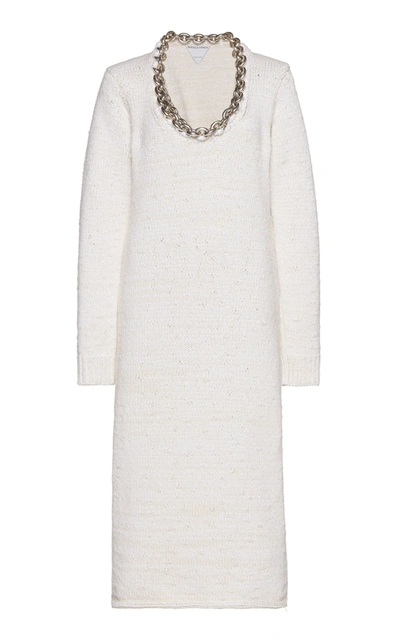 Shop Bottega Veneta Women's Embellished Knitted Cotton-blend Midi Dress In White