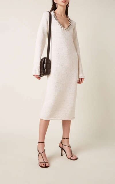 Shop Bottega Veneta Women's Embellished Knitted Cotton-blend Midi Dress In White