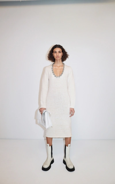 Shop Bottega Veneta Women's Embellished Knitted Cotton-blend Midi Dress In White