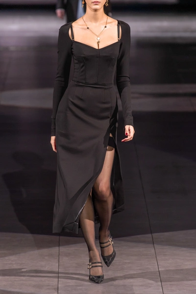 Shop Dolce & Gabbana Women's Corseted High-slit Crepe Midi Dress In Black