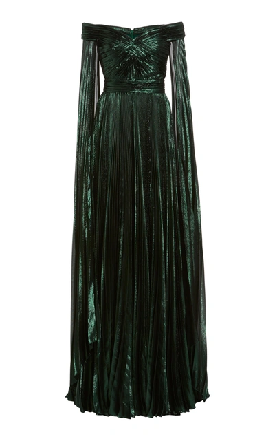 Shop Zuhair Murad Off-the-shoulder Metallic Silk-blend Plissã© Gown In Green