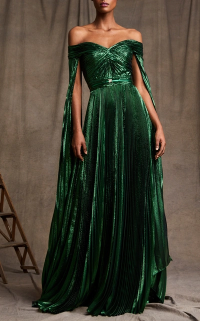 Shop Zuhair Murad Off-the-shoulder Metallic Silk-blend Plissã© Gown In Green