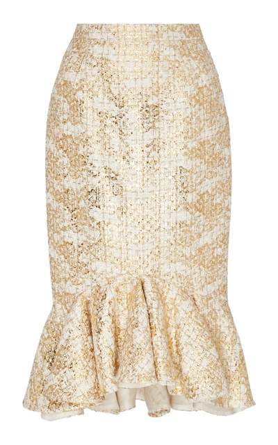 Shop Rodarte Women's Ruffle Hem Metallic Tweed Pencil Skirt In Gold