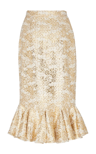 Shop Rodarte Women's Ruffle Hem Metallic Tweed Pencil Skirt In Gold