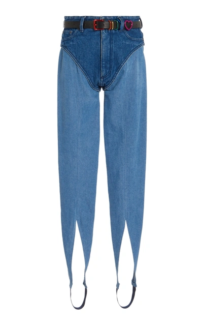 Shop Y/project Belted Two-tone Denim Stirrup Pants In Blue