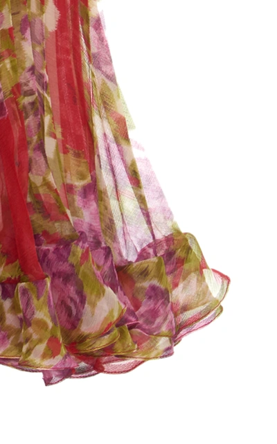 Shop Luisa Beccaria Ruffle-trimmed Pleated Floral Chiffon Midi Skirt In Print