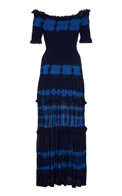 Shop Altuzarra Ayaka Smocked Tie-dyed Knit Off-the-shoulder Dress In Navy