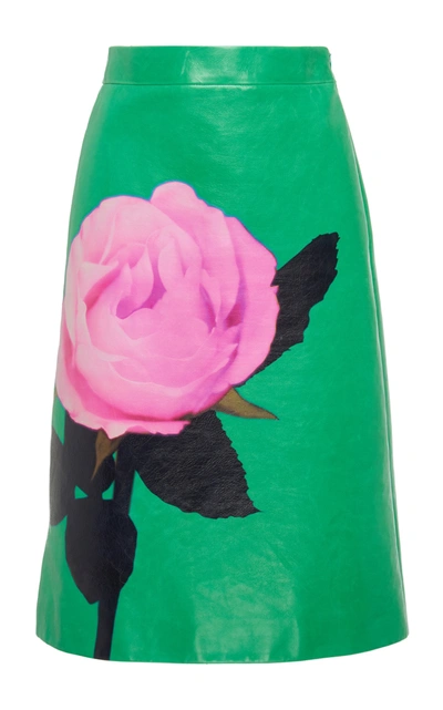 Shop Prada Floral-print Leather Skirt In Green