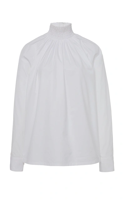 Shop Prada Smocked Cotton-poplin Shirt In White