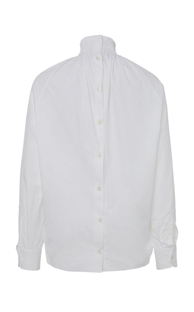 Shop Prada Smocked Cotton-poplin Shirt In White
