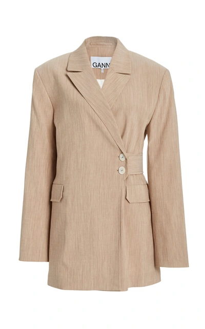 Shop Ganni Wrap-front Twill Suiting Jacket In Brown
