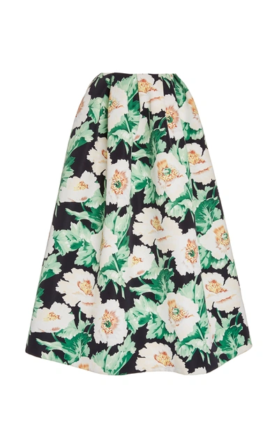 Shop Oscar De La Renta Floral-print A-line Crepe De Chine Midi Skirt In Black