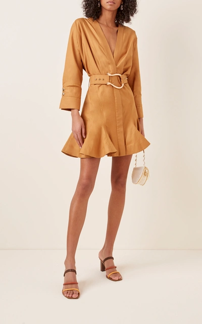 Shop Acler Bastor Belted Cotton Mini Dress In Brown