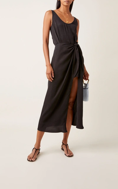 Shop Anemone Asymmetric Tie-front Washed-georgette Wrap Dress In Black