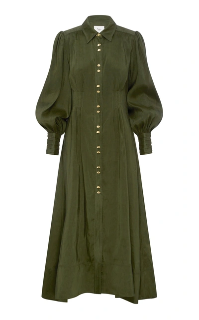 Shop Aje Oxidized Pleated Linen-silk Shirt Dress In Green