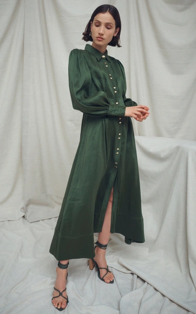 Shop Aje Oxidized Pleated Linen-silk Shirt Dress In Green