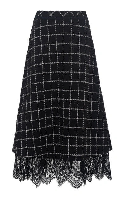 Shop Nevenka Young Blood Lace-trimmed Checked Wool-blend A-line Midi Skirt In Black/white