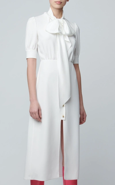 Shop Prada Pussy-bow Satin Midi Dress In White
