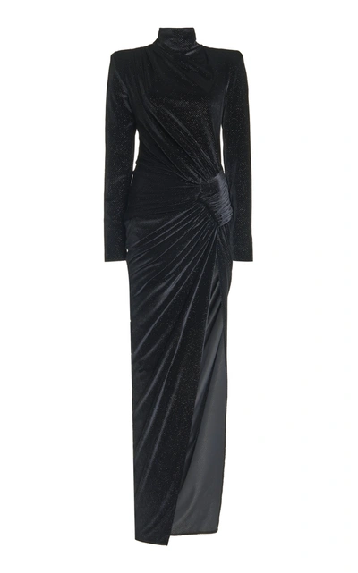 Shop Alexandre Vauthier Gathered Metallic Stretch-velvet Maxi Dress In Black