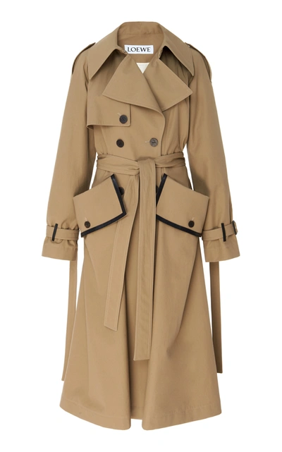Shop Loewe Leather-trimmed Cotton-gabardine Trench Coat In Brown