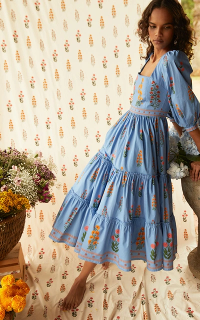 Shop Agua By Agua Bendita Women's Miel Dahlia Cotton-poplin Midi Dress In Blue