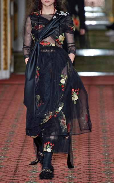 Shop Simone Rocha Draped Tulle Midi Skirt In Black