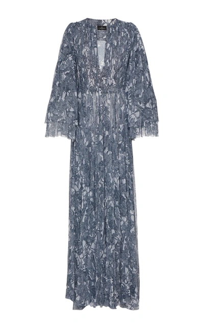 Shop J Mendel Patterned Pleat-accented Silk Gown In Blue