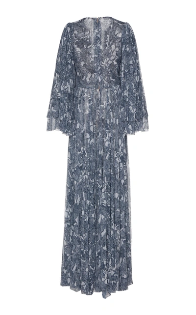 Shop J Mendel Patterned Pleat-accented Silk Gown In Blue