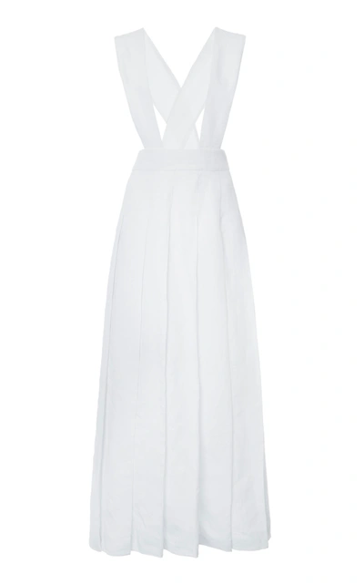 Shop Miu Miu Pleated Linen Pinafore Maxi Dress In White